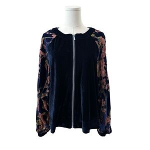 UMGEE Women's Large Navy Crushed Burnout Floral Velvet Zipper Casual Boxy Top